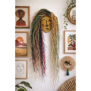 Vintage Handmade Clay Folk Art Mask Raffia Hair Signed J Wilson Boho Tribal Wall